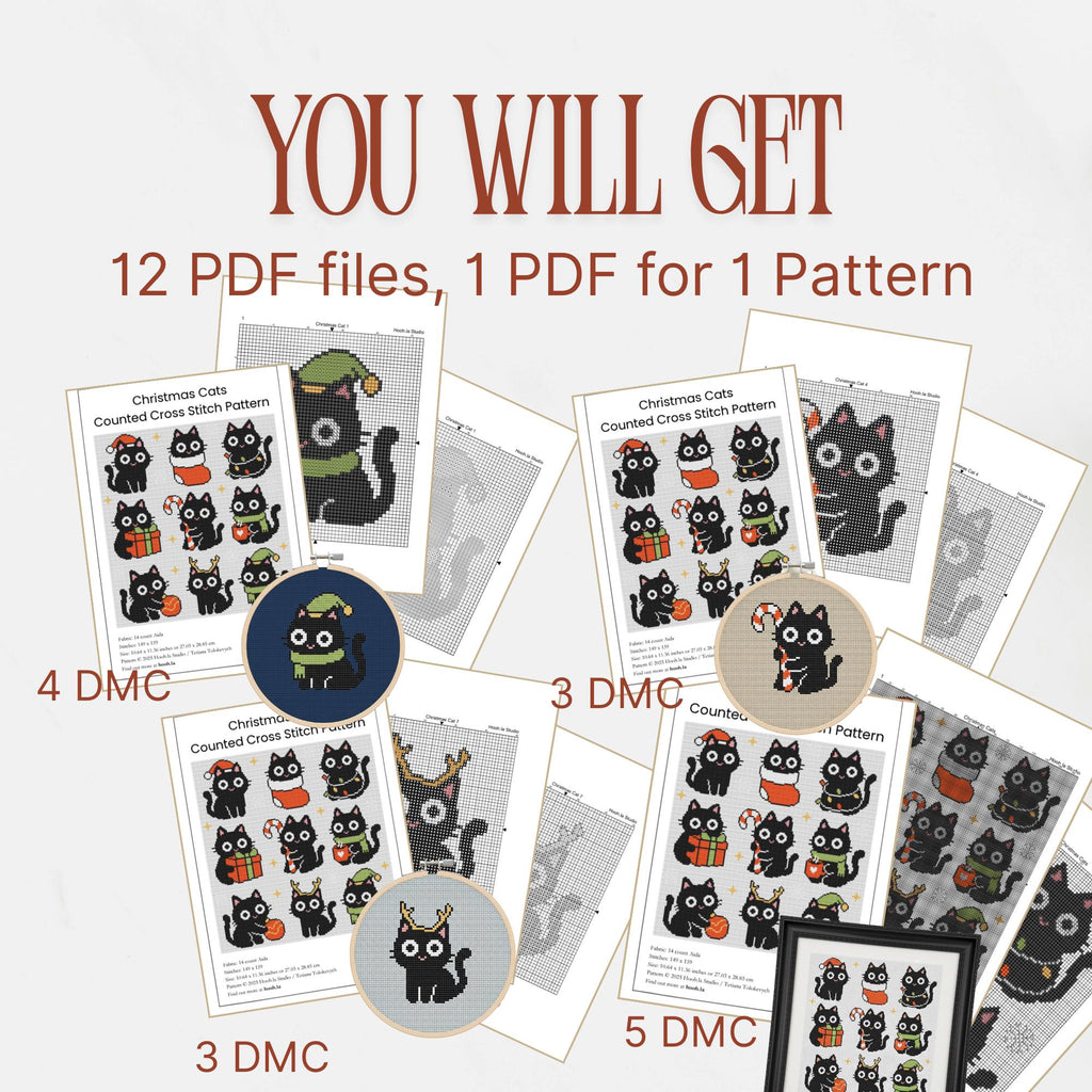 9 Christmas Cats Mini Cross Stitch Patterns, Small Quick Designs