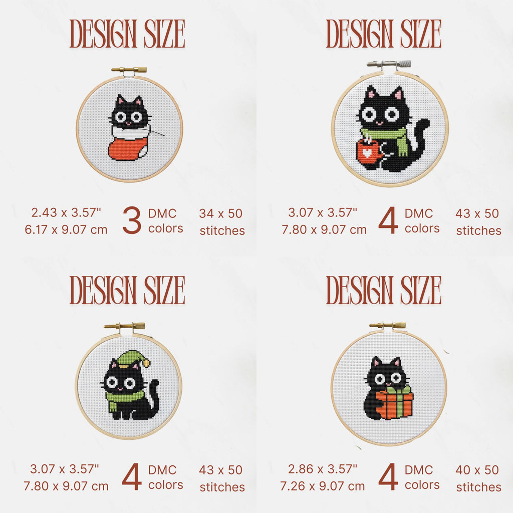 11 Christmas Funny Black Cat Mini Cross Stitch Pattern, Small Quick Designs