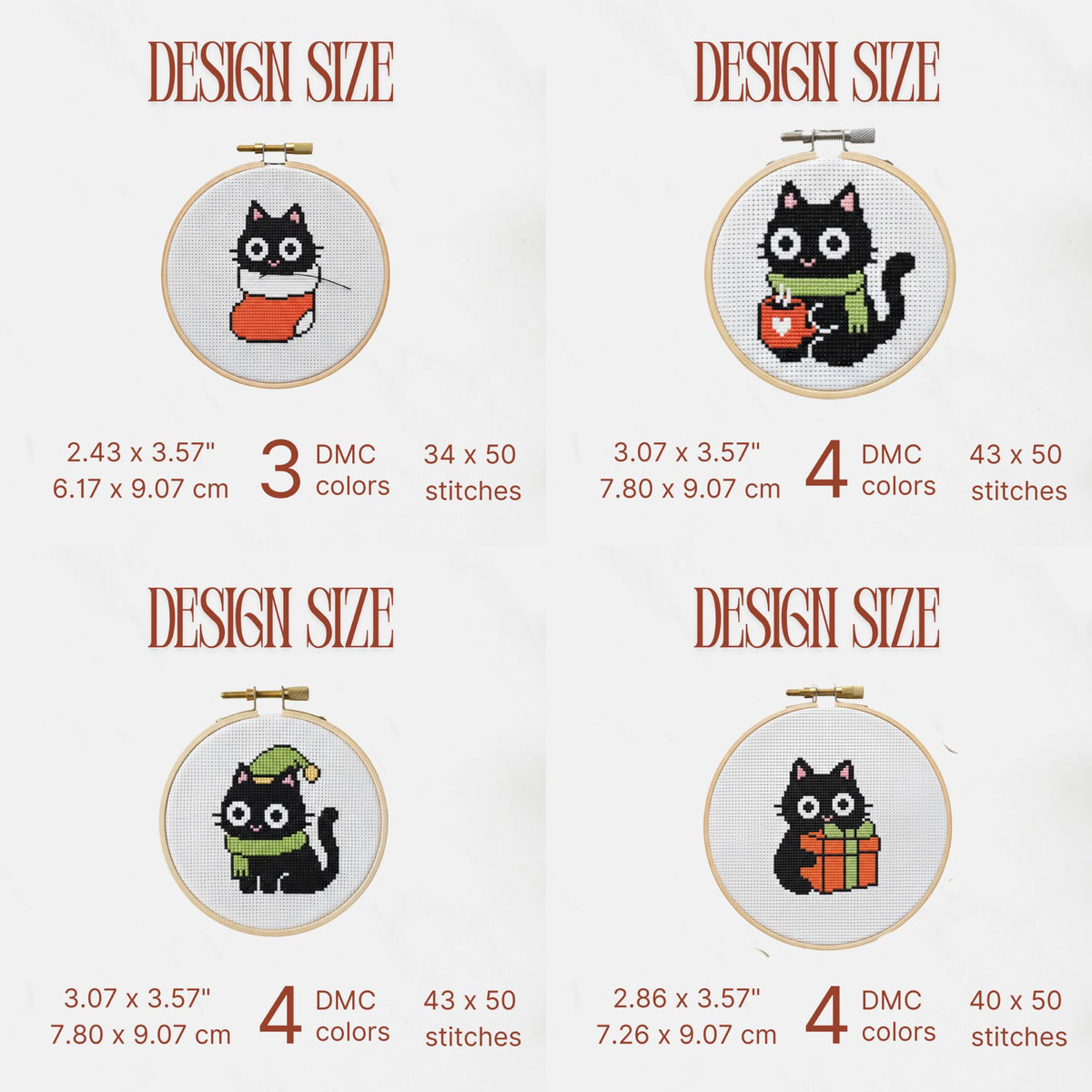9 Christmas Cats Mini Cross Stitch Patterns, Small Quick Designs