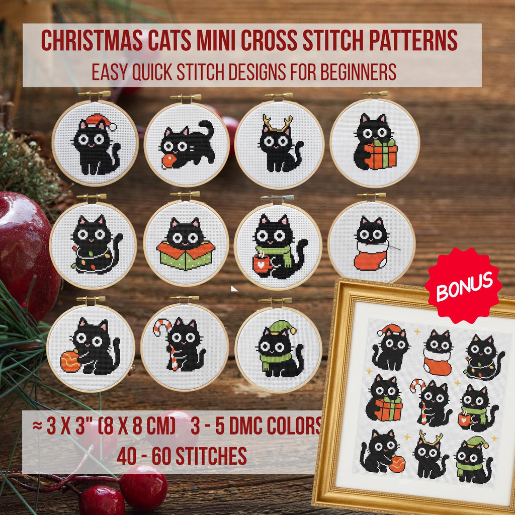 11 Christmas Funny Black Cat Mini Cross Stitch Pattern, Small Quick Designs