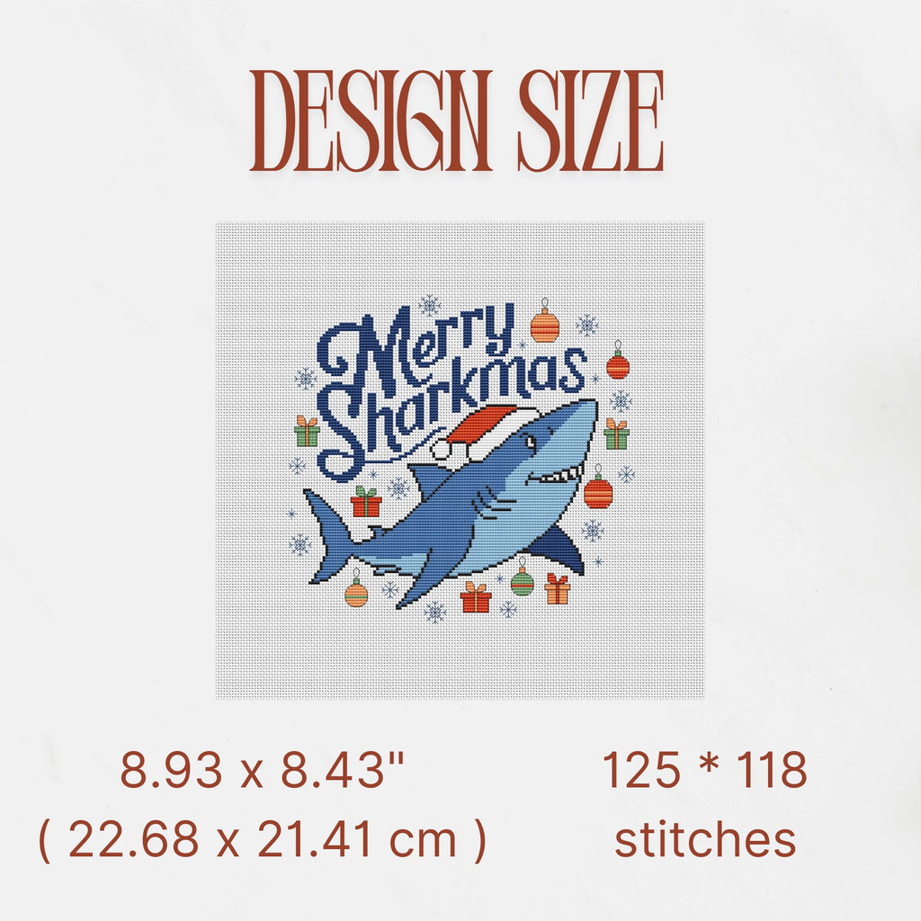 Merry Sharkmas Funny Cross Stitch pattern pdf, Small Shark in Santa's Hat Chrsitmas Chart