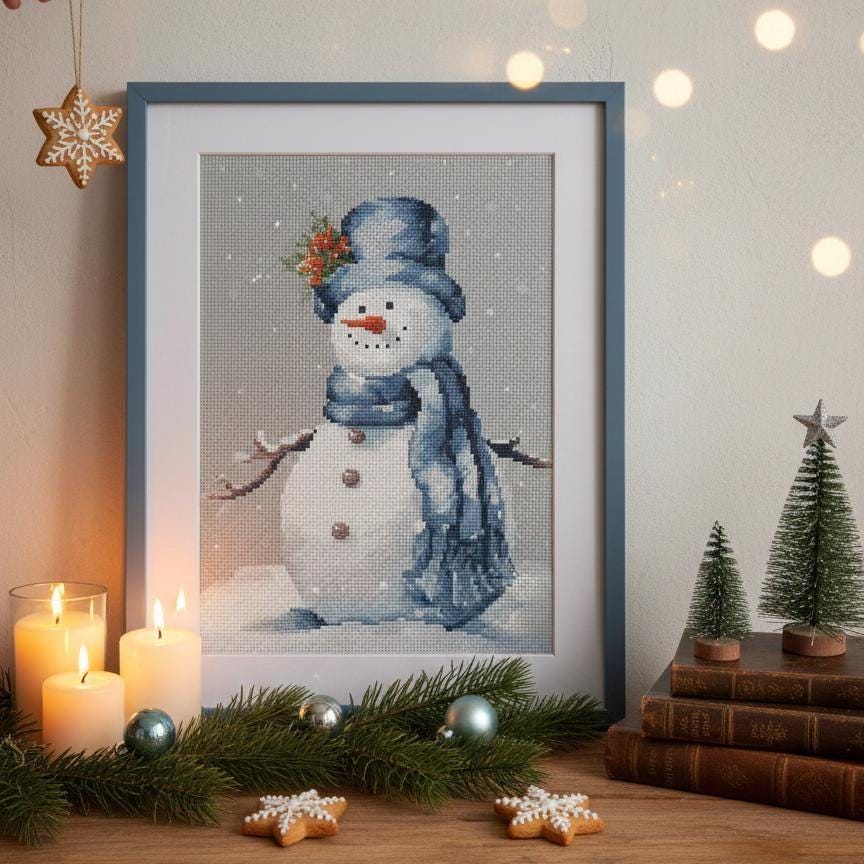 Christmas Snowman Cross Stitch Pattern PDF, Small Easy Winter Design for Beginners