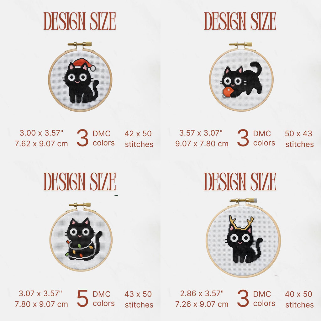 11 Christmas Funny Black Cat Mini Cross Stitch Pattern, Small Quick Designs
