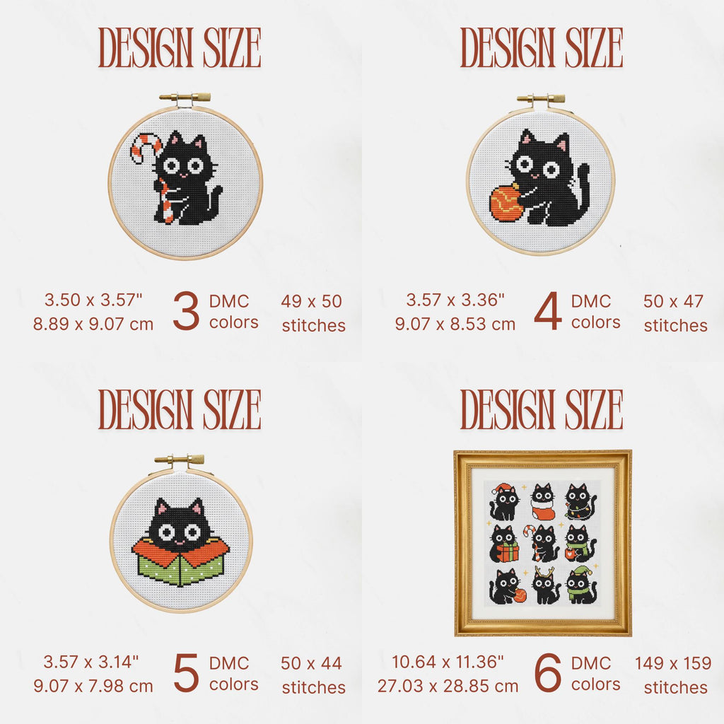 11 Christmas Funny Black Cat Mini Cross Stitch Pattern, Small Quick Designs