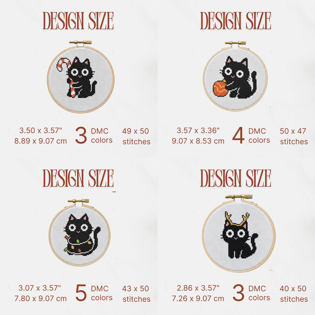 9 Christmas Cats Mini Cross Stitch Patterns, Small Quick Designs