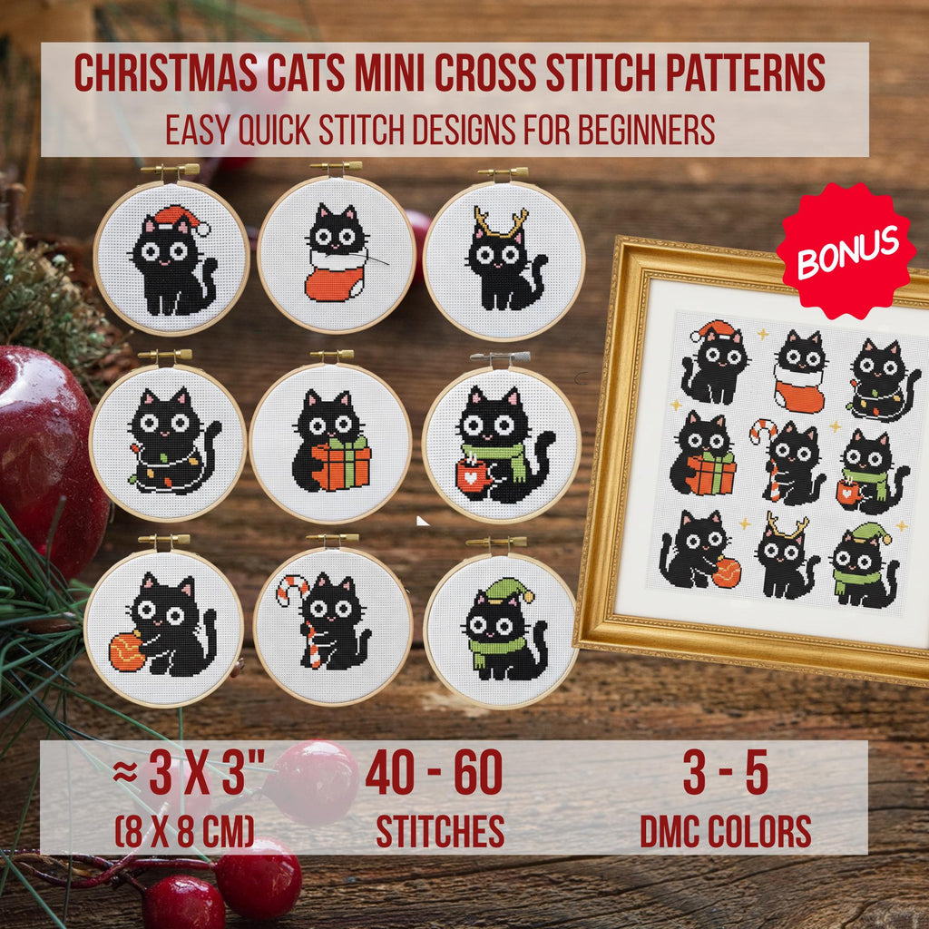 9 Christmas Cats Mini Cross Stitch Patterns, Small Quick Designs
