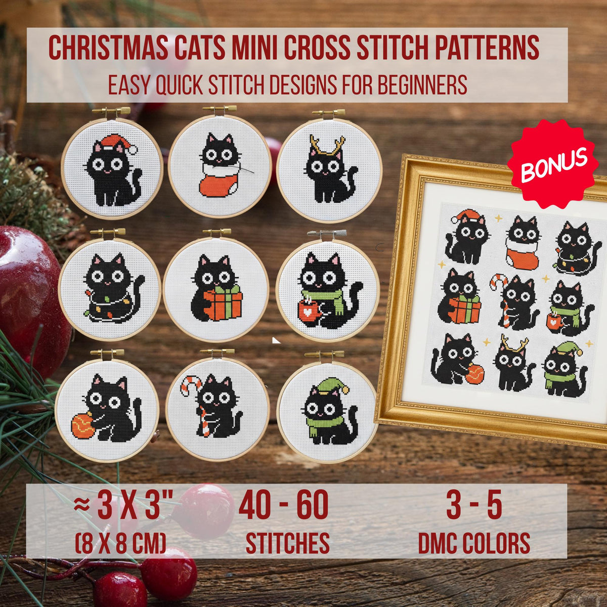 9 Christmas Cats Mini Cross Stitch Patterns, Small Quick Designs