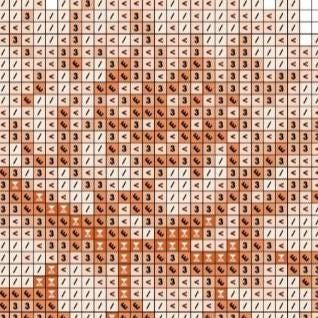 A high-resolution, close-up crop of the color symbol chart. The grid shows peachy, orange, and tan blocks with overlapping black symbols like "3," "<," and "/", illustrating the detailed shading of the Chrysanthemum flower petals and the clarity of the digital PDF.
