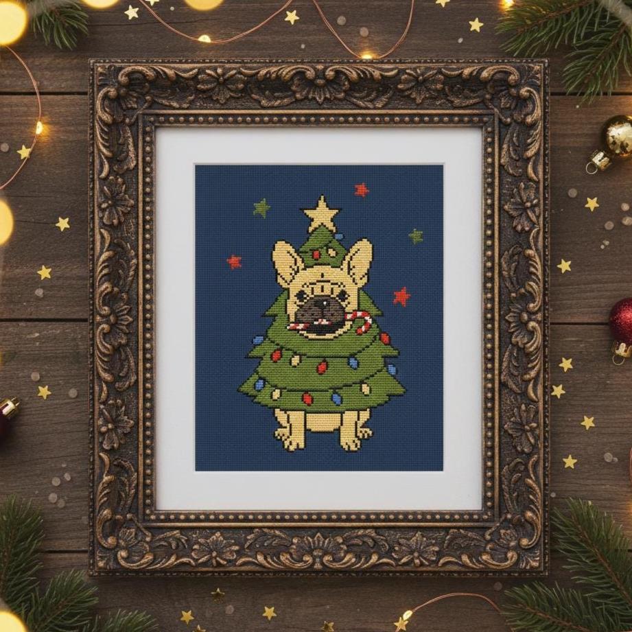 French Bulldog Christmas Tree Cross Stitch Pattern PDF, Funny Dog Chart