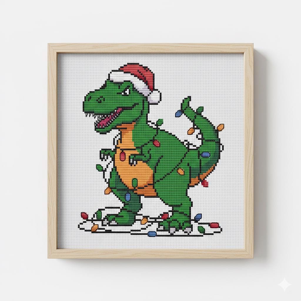 Christmas Cross Stitch Pattern PDF: Funny T-Rex Tangled in Lights, Christmas Tree Rex