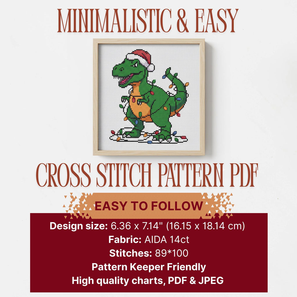 Christmas Cross Stitch Pattern PDF: Funny T-Rex Tangled in Lights, Christmas Tree Rex