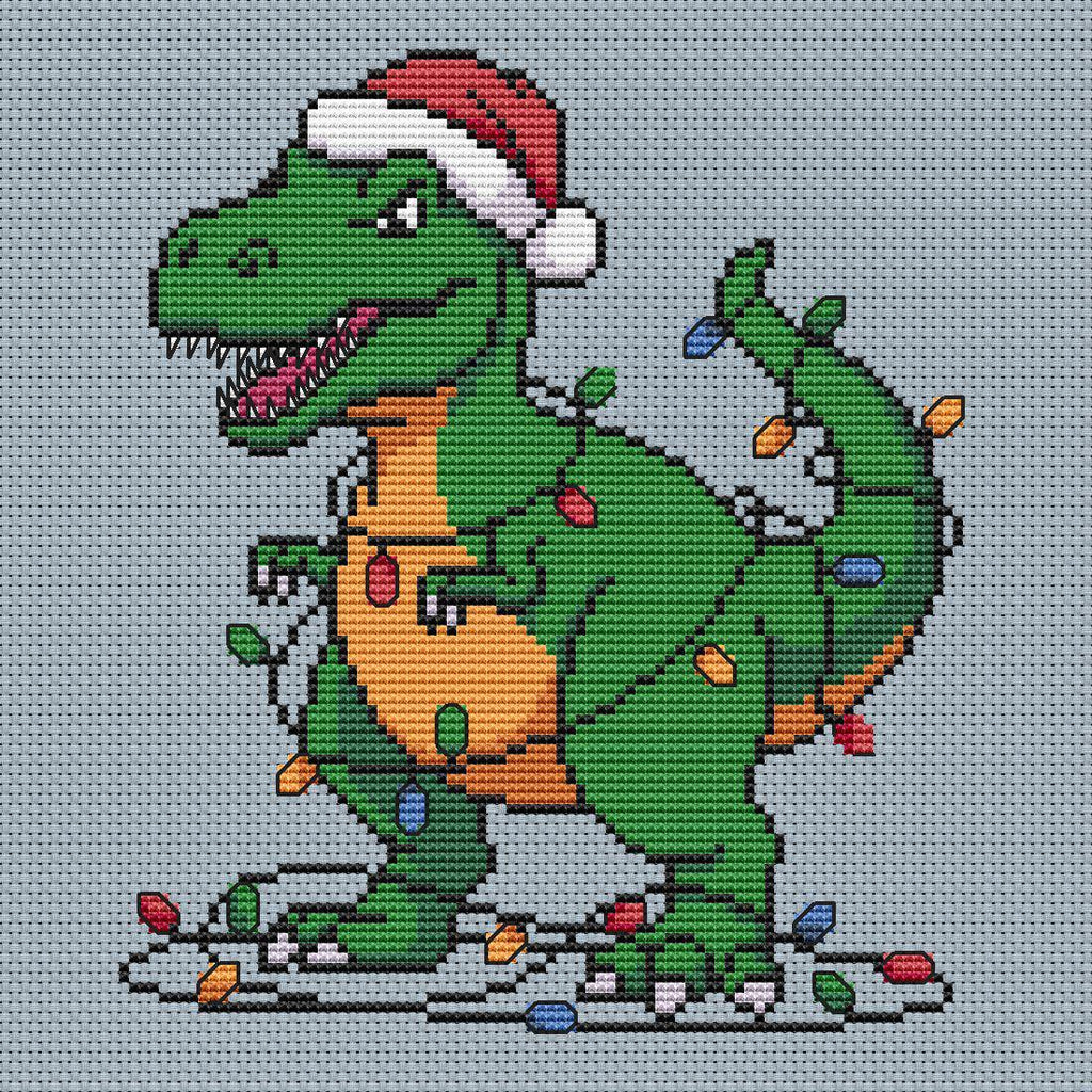 Christmas Cross Stitch Pattern PDF: Funny T-Rex Tangled in Lights, Christmas Tree Rex