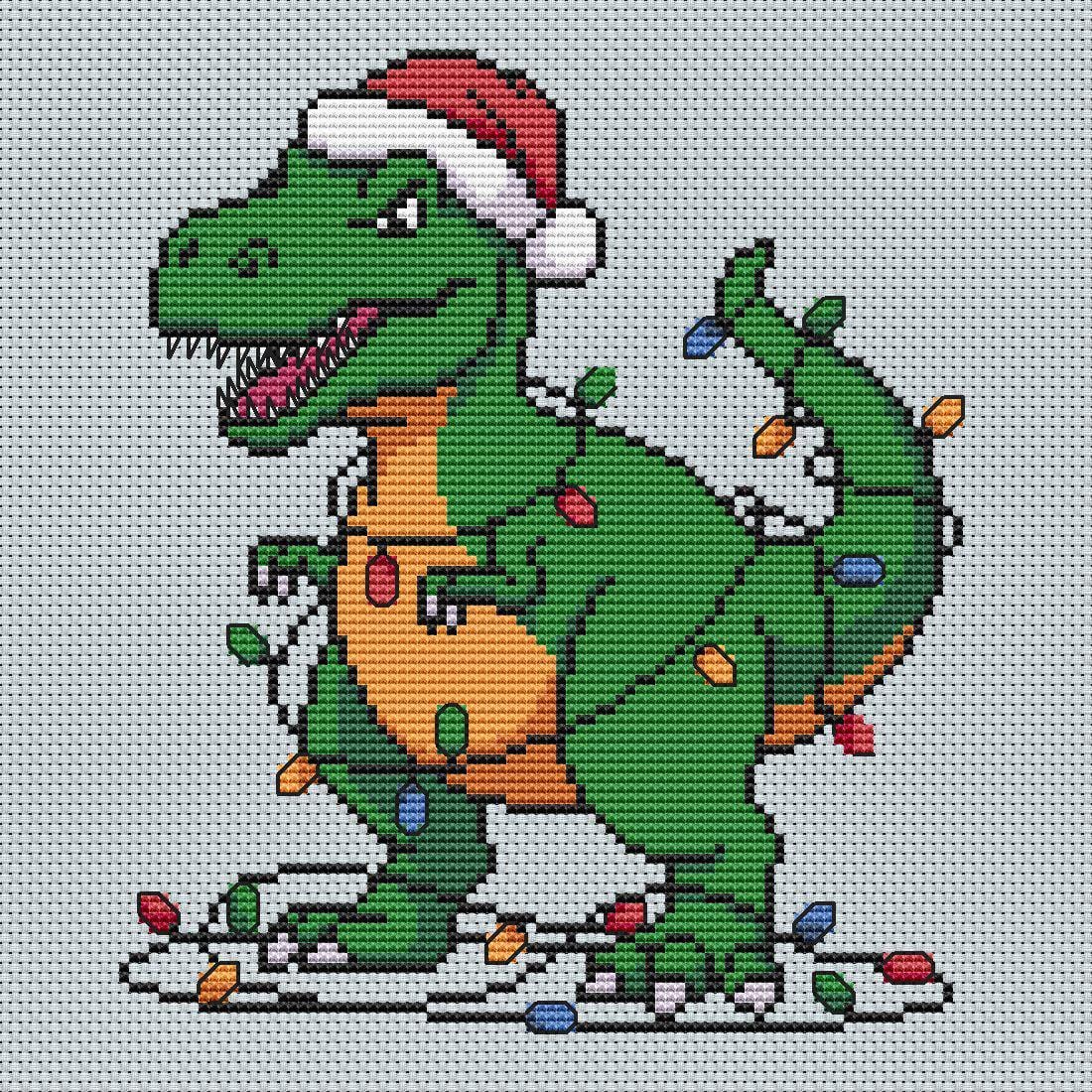 Christmas Cross Stitch Pattern PDF: Funny T-Rex Tangled in Lights, Christmas Tree Rex