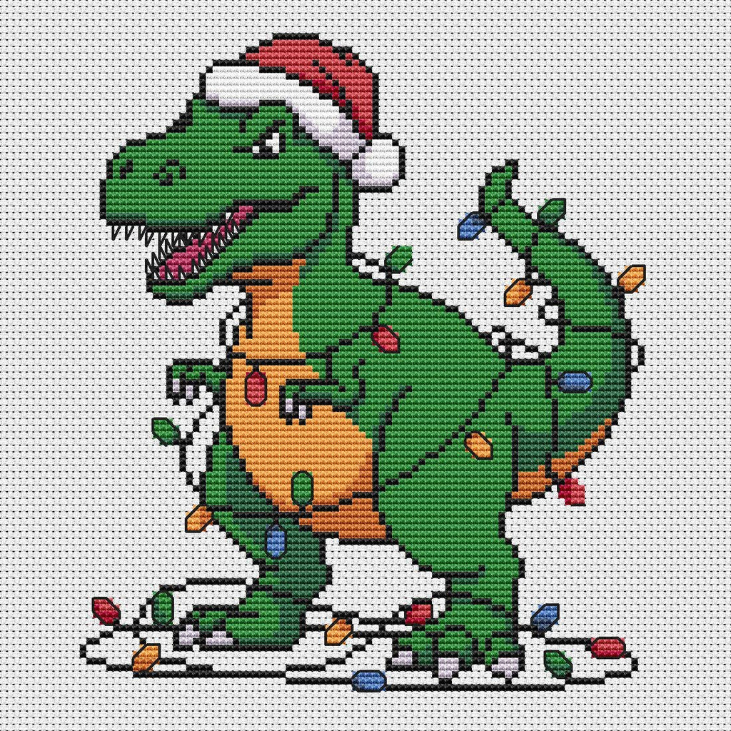 Christmas Cross Stitch Pattern PDF: Funny T-Rex Tangled in Lights, Christmas Tree Rex