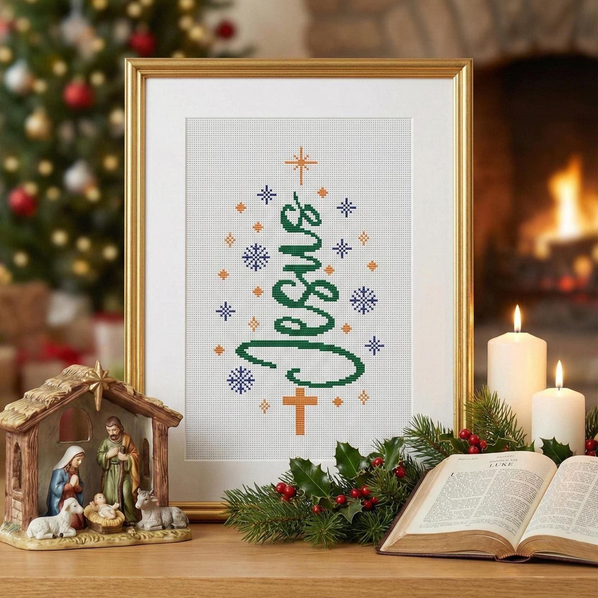 Nativity Cross Stitch Pattern PDF, Small Christmas Tree Jesus with Cross