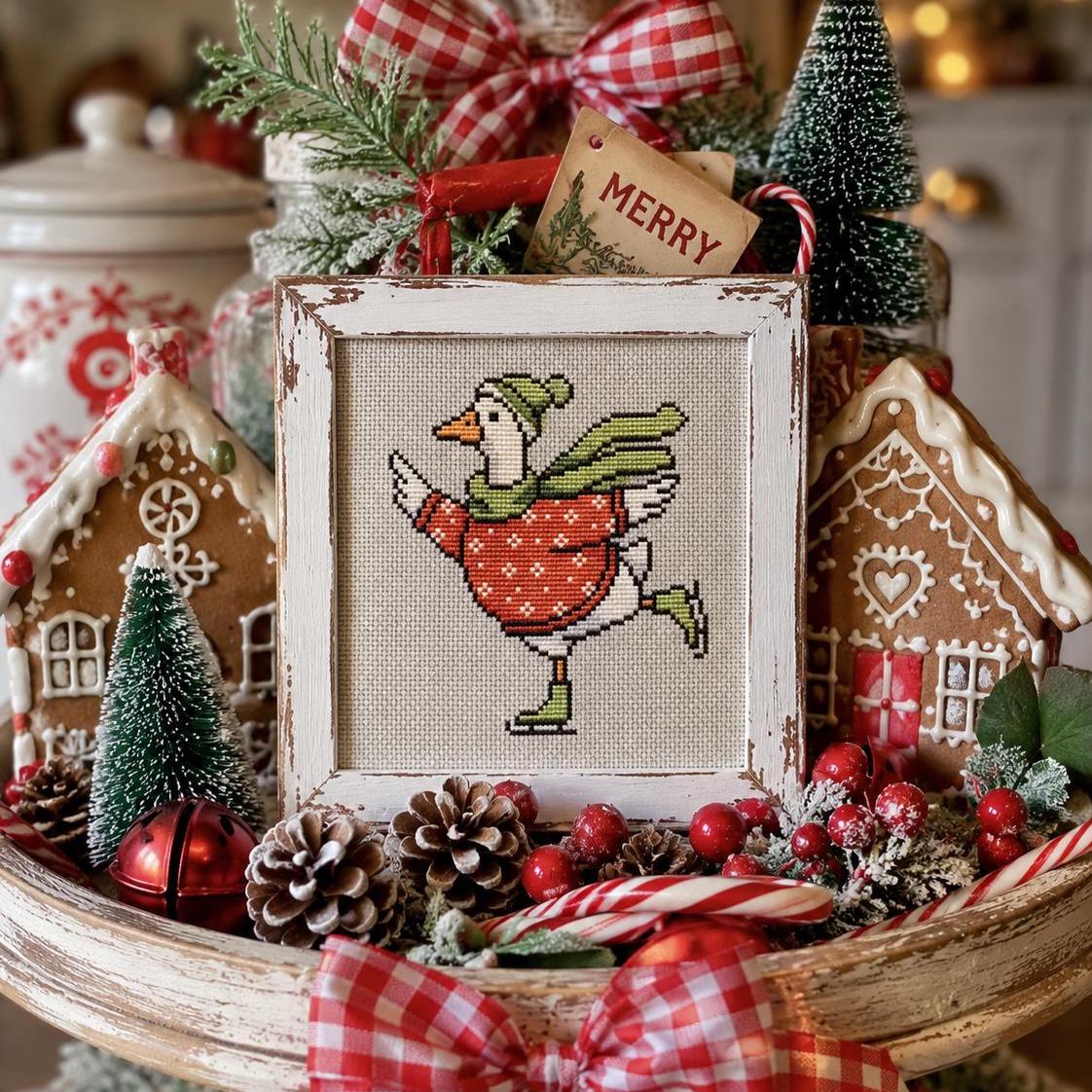 Christmas Goose Cross Stitch Pattern PDF, Whimsy Skating Bird Holiday Chart