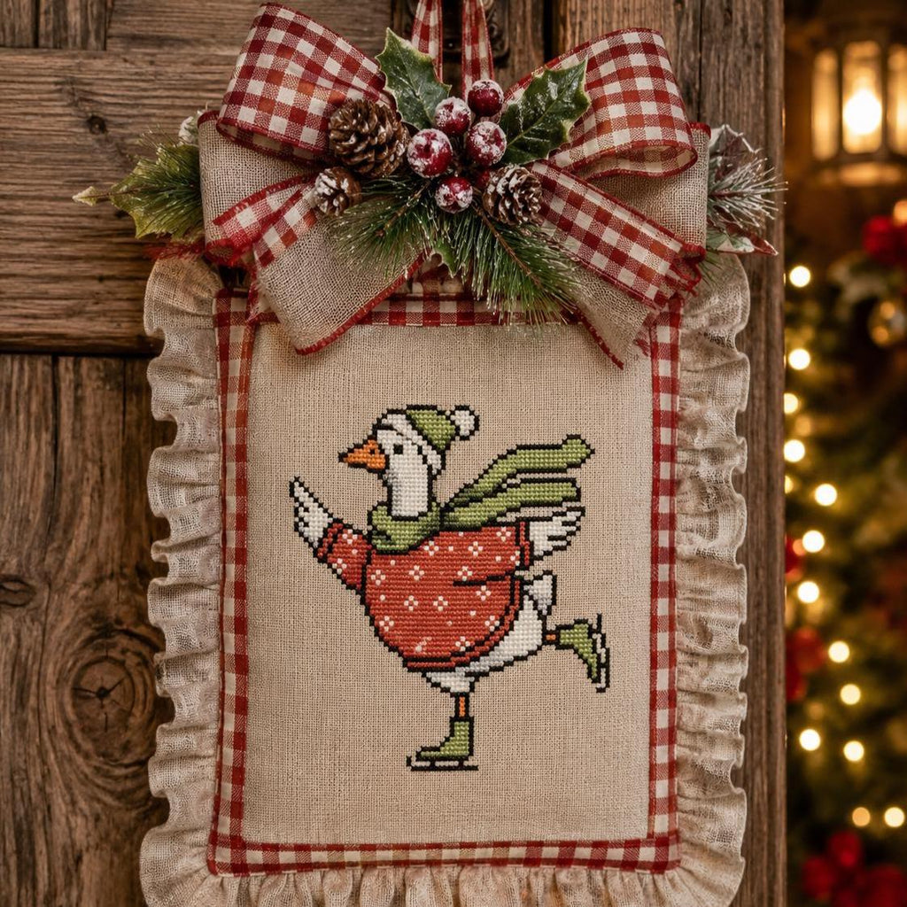 Christmas Goose Cross Stitch Pattern PDF, Whimsy Skating Bird Holiday Chart