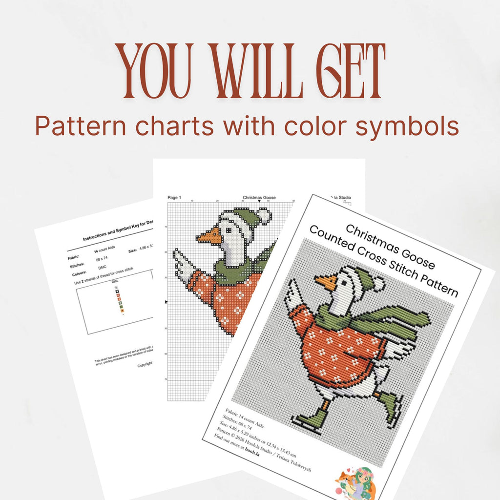 Christmas Goose Cross Stitch Pattern PDF, Whimsy Skating Bird Holiday Chart