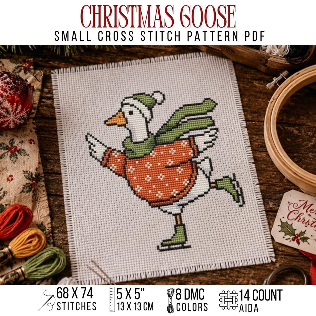 Christmas Goose Cross Stitch Pattern PDF, Whimsy Skating Bird Holiday Chart