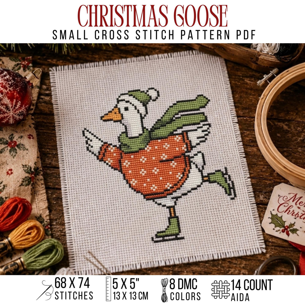 Christmas Goose Cross Stitch Pattern PDF, Whimsy Skating Bird Holiday Chart