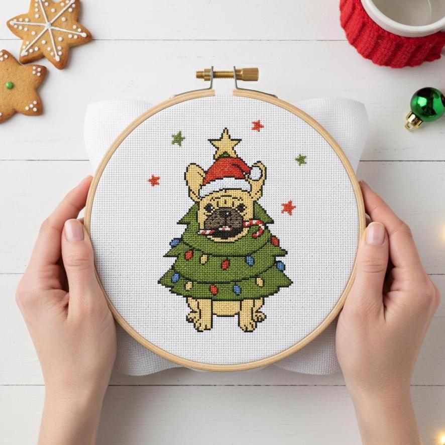 French Bulldog Christmas Tree Cross Stitch Pattern PDF, Funny Dog Chart