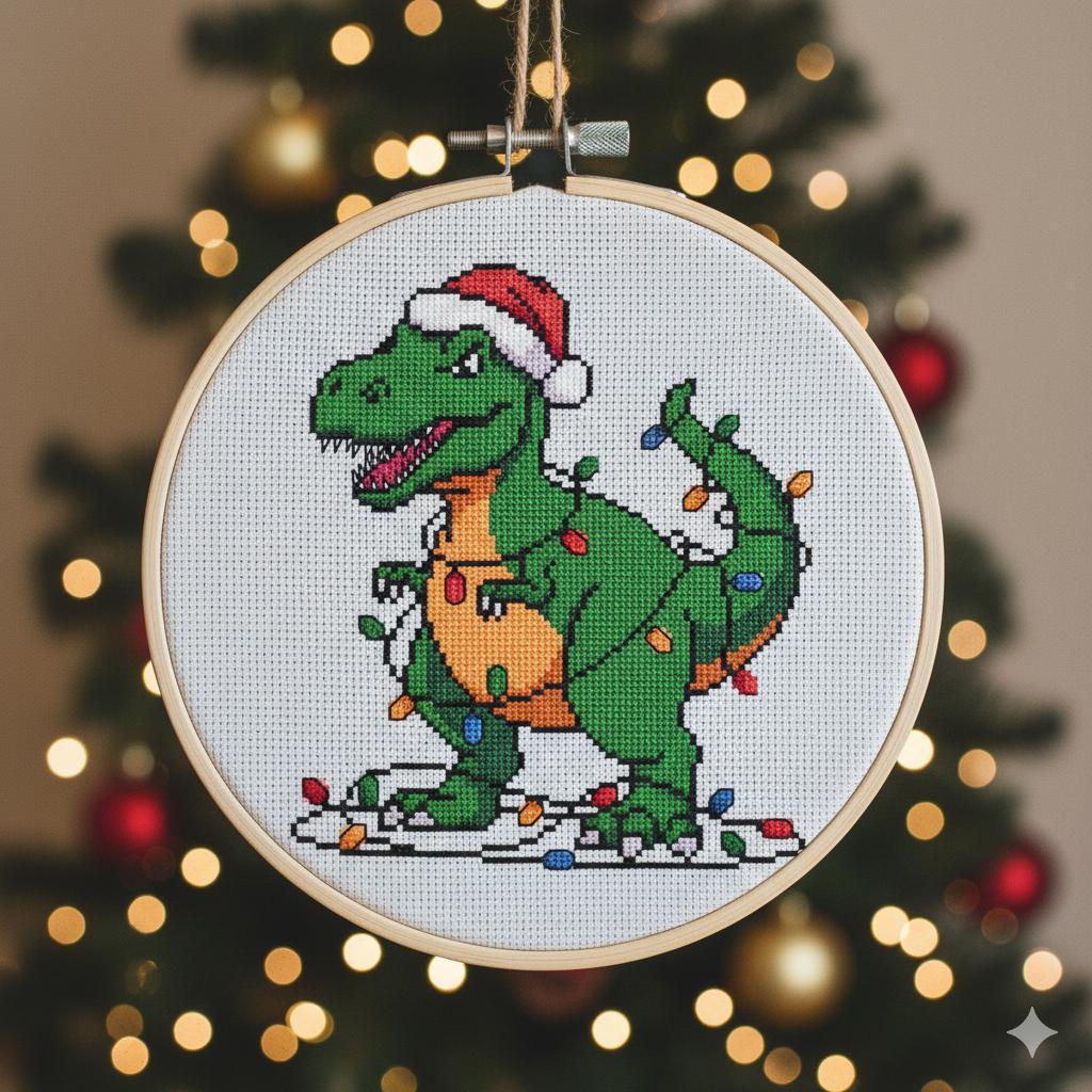 Christmas Cross Stitch Pattern PDF: Funny T-Rex Tangled in Lights, Christmas Tree Rex