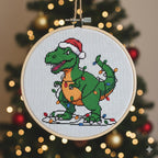 Christmas Cross Stitch Pattern PDF: Funny T-Rex Tangled in Lights, Christmas Tree Rex