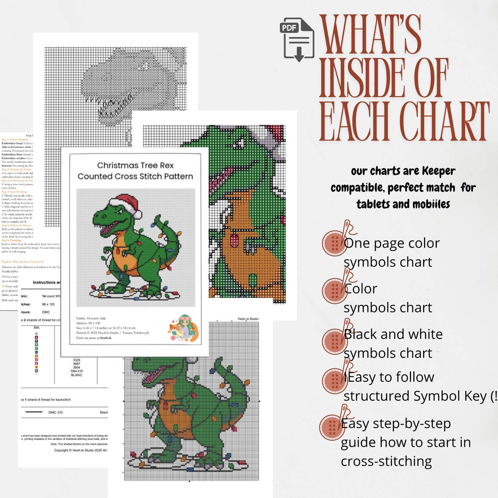 Christmas Cross Stitch Pattern PDF: Funny T-Rex Tangled in Lights, Christmas Tree Rex