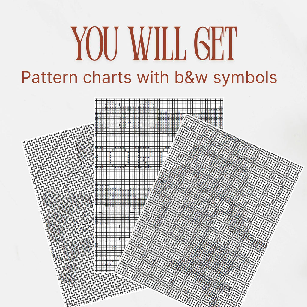 Preview of the black-and-white symbol charts included in the Snowman Christmas Stocking PDF pattern