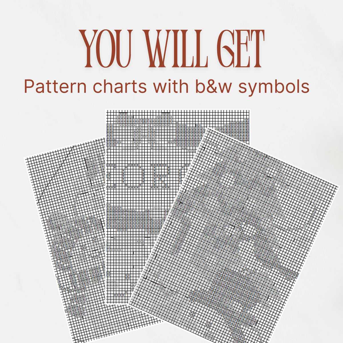 Preview of the black-and-white symbol charts included in the Snowman Christmas Stocking PDF pattern