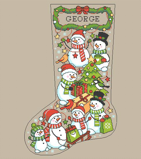 Close-up of the snowman family, Christmas tree and gifts on the stocking design with the example name George