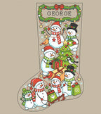 Close-up of the snowman family, Christmas tree and gifts on the stocking design with the example name George