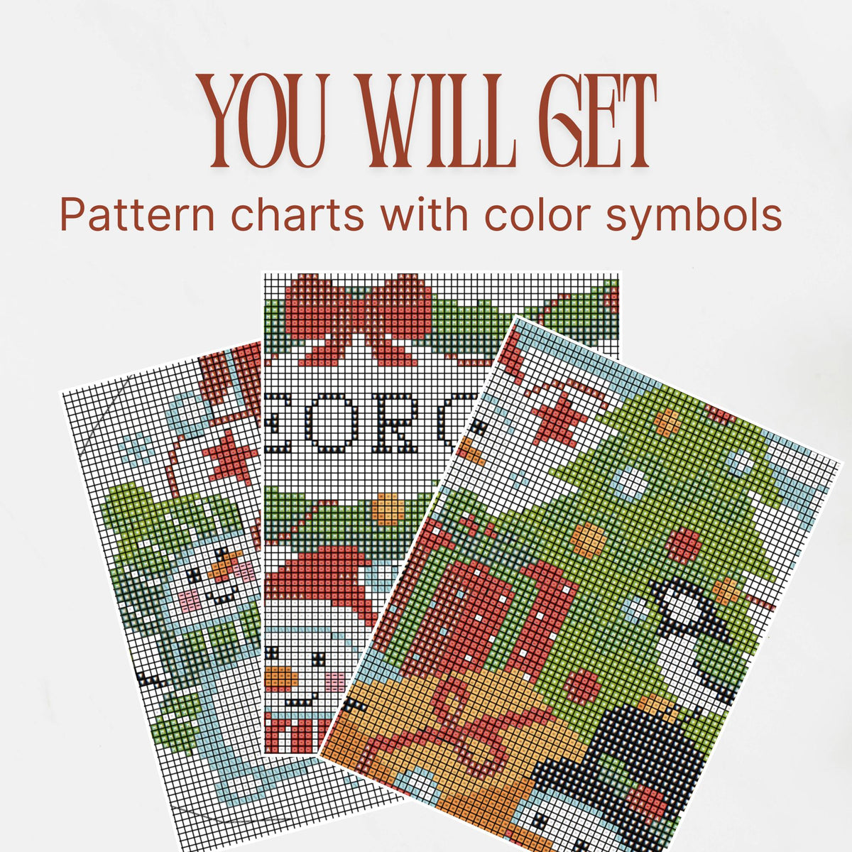 Preview of the color symbol charts included in the Snowman Christmas Stocking PDF pattern