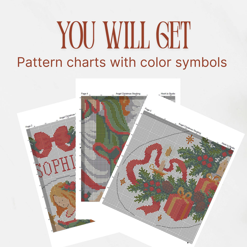 Angel Christmas stocking PDF preview showing color symbol charts
