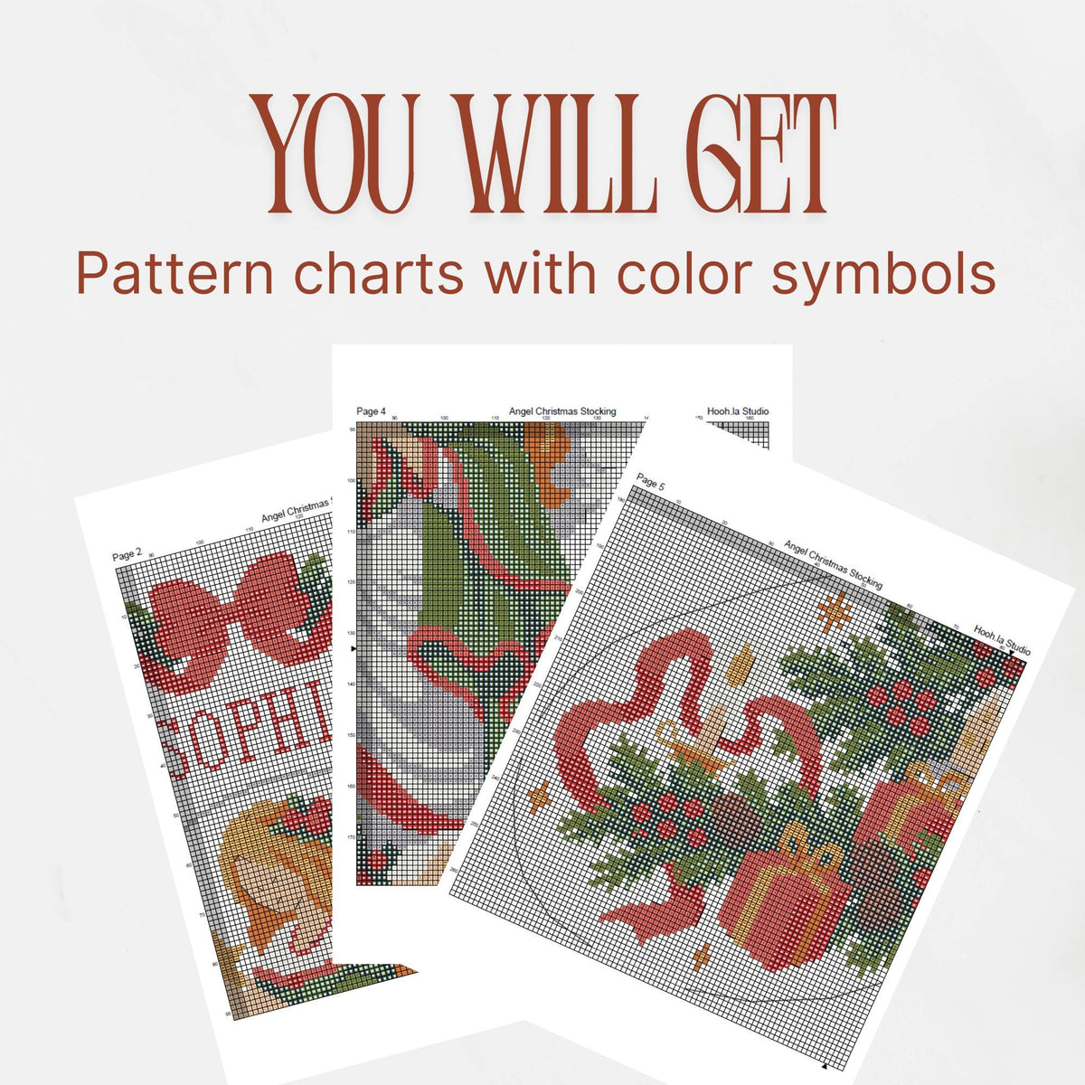 Angel Christmas stocking PDF preview showing color symbol charts
