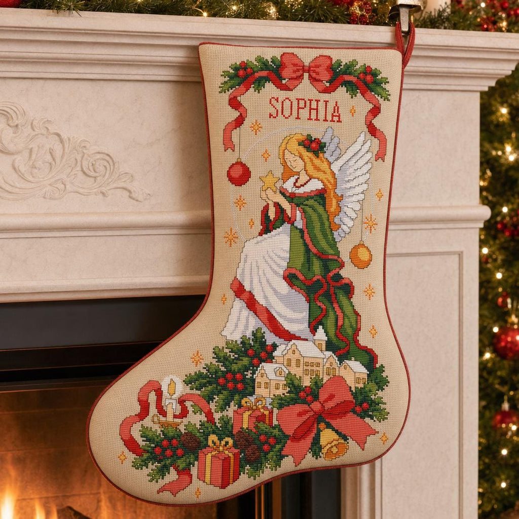 Angel Christmas cross stitch stocking mockup hanging from a fireplace mantel