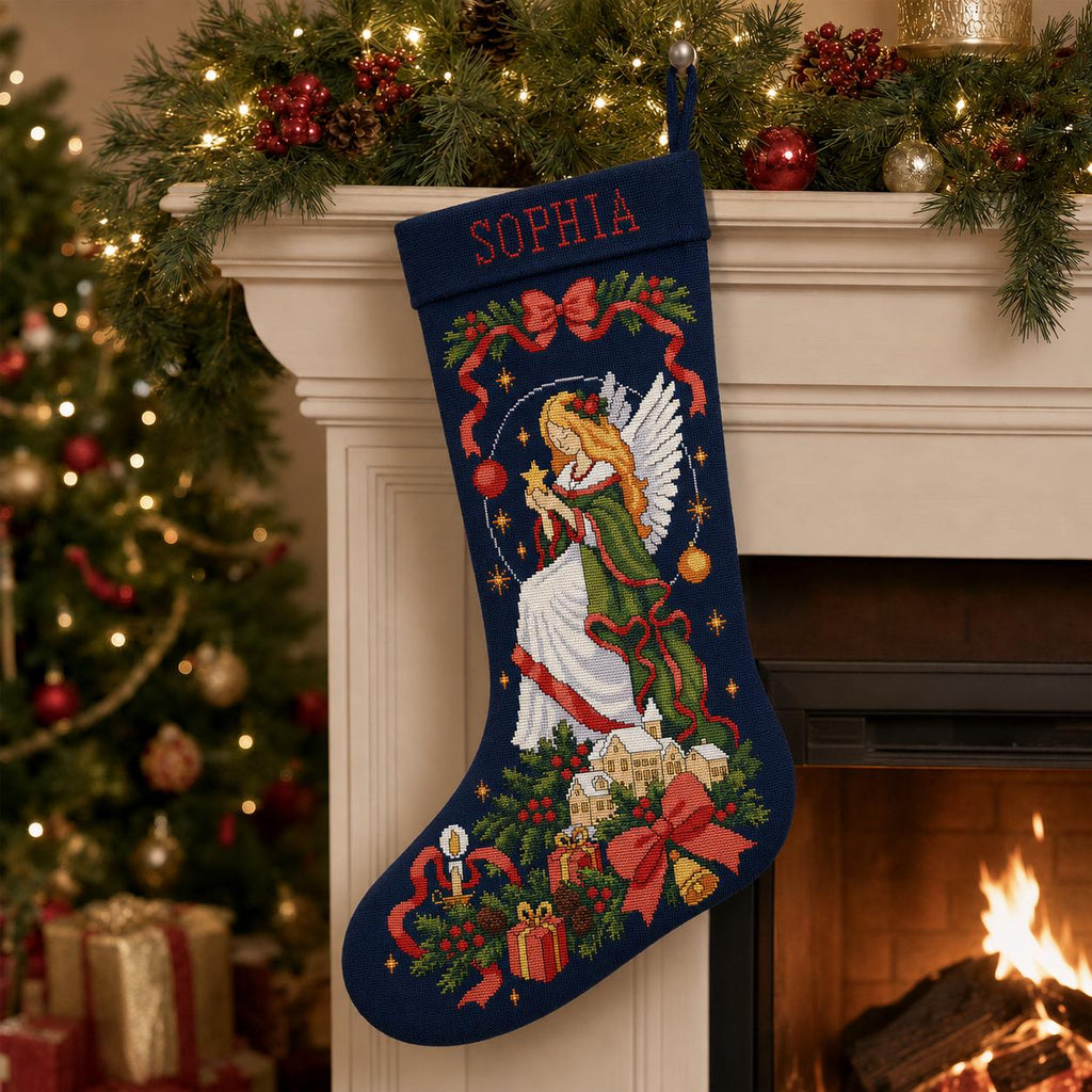 Angel Christmas stocking mockup with a dark background beside a fireplace