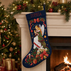 Angel Christmas stocking mockup with a dark background beside a fireplace