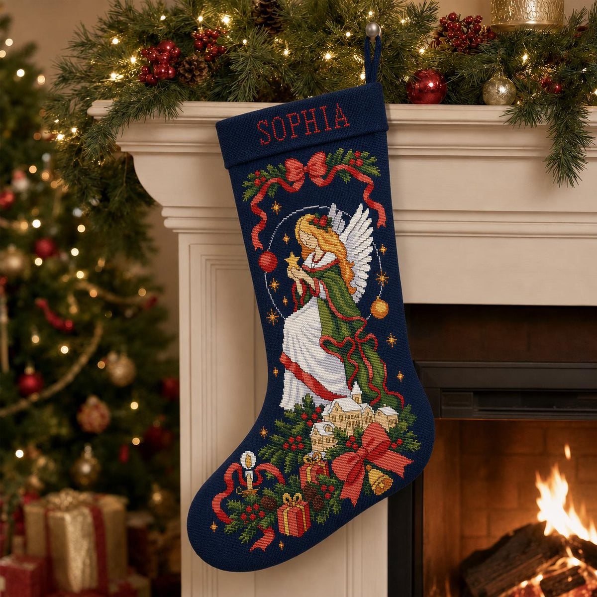 Angel Christmas stocking mockup with a dark background beside a fireplace