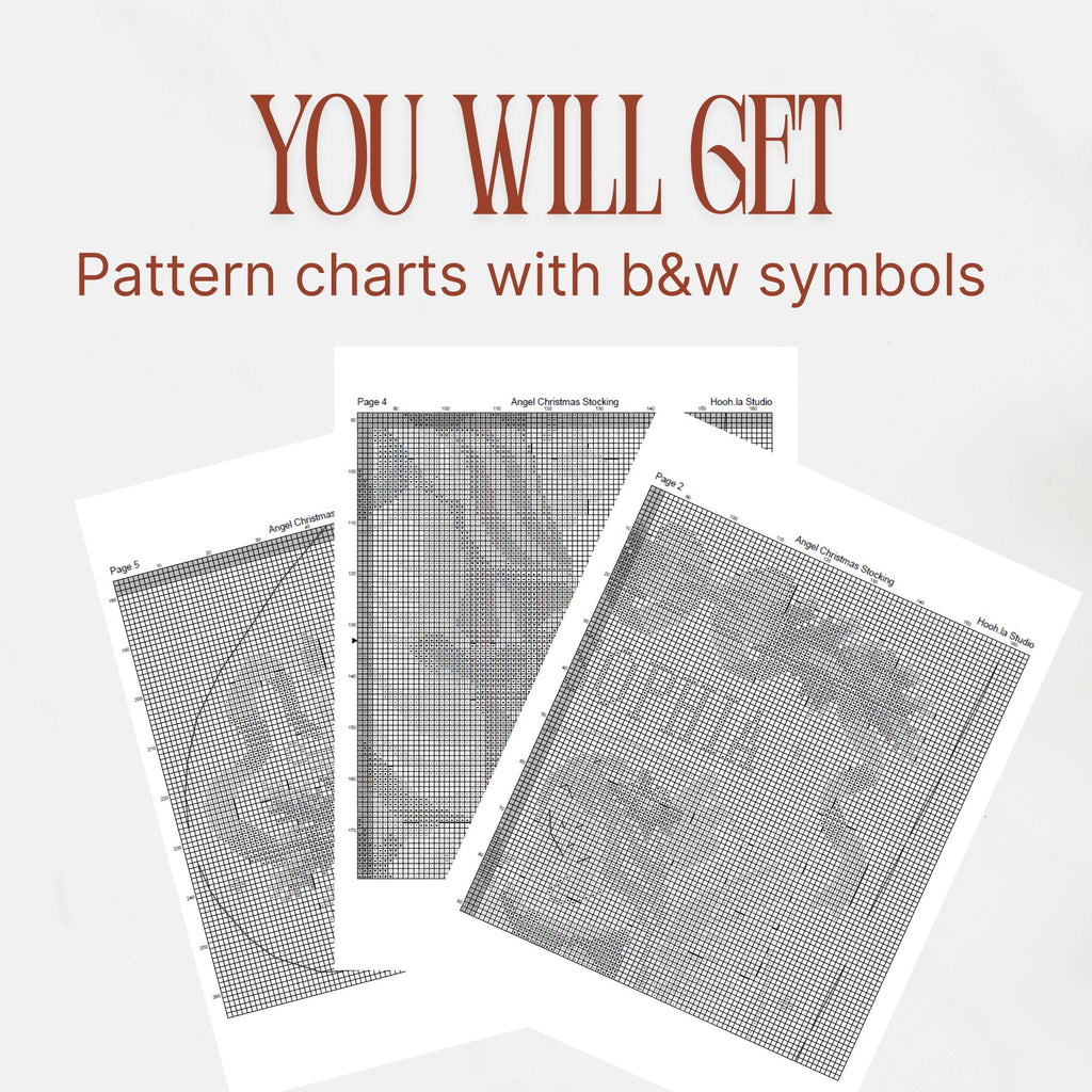 Angel Christmas stocking PDF preview showing black-and-white symbol charts