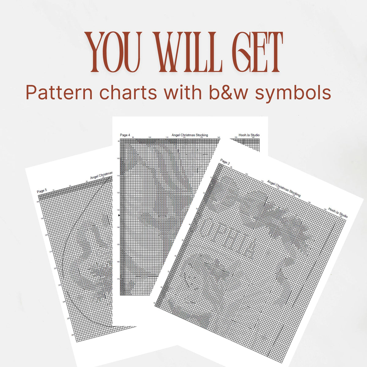 Angel Christmas stocking PDF preview showing black-and-white symbol charts