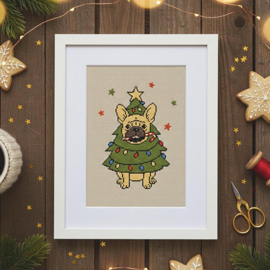 French Bulldog Christmas Tree Cross Stitch Pattern PDF, Funny Dog Chart