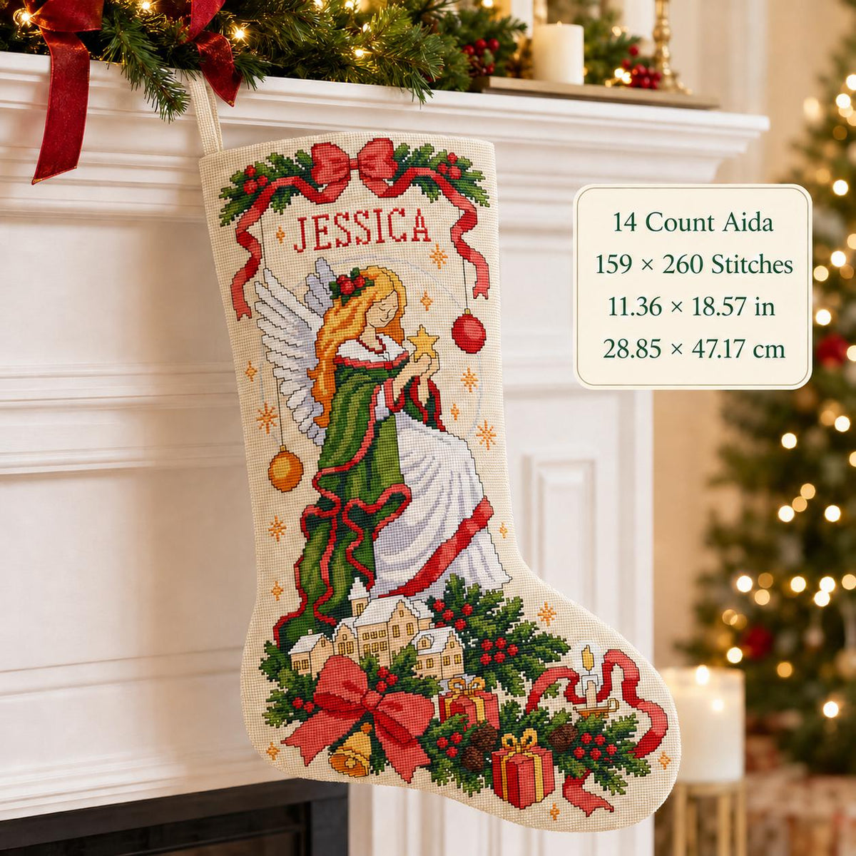 Angel Christmas cross stitch stocking mockup with a name cuff and 14-count design measurements