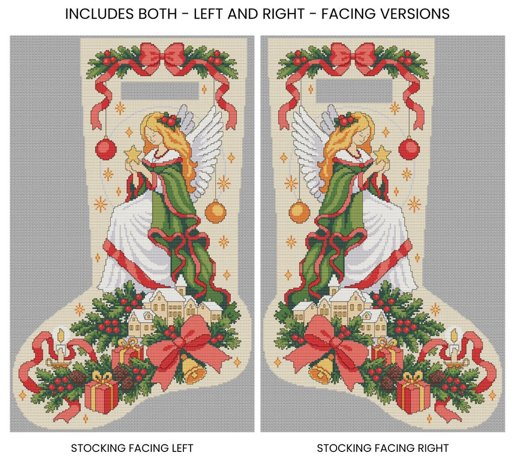 Left- and right-facing versions of the Angel Christmas cross stitch stocking design