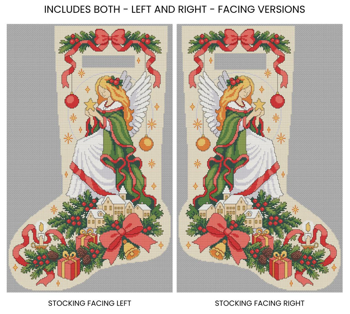 Left- and right-facing versions of the Angel Christmas cross stitch stocking design