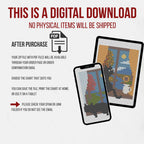 Digital download information for the black cat cross stitch pattern, with a PDF icon and color charts displayed on a phone and tablet.
