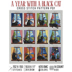 A Year with a Black Cat counted cross stitch pattern preview with twelve seasonal windows, 152 by 155 stitches and a 14-count Aida reference.