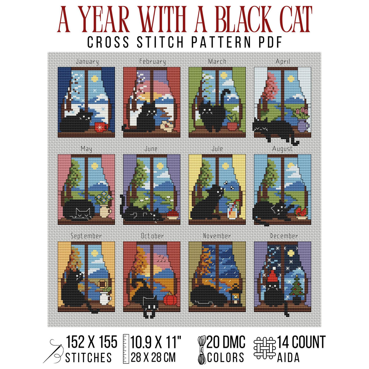 A Year with a Black Cat counted cross stitch pattern preview with twelve seasonal windows, 152 by 155 stitches and a 14-count Aida reference.