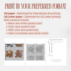 Printable Sweet Treats cross stitch charts formatted for A4 and US Letter paper, with color, black-and-white and symbol chart examples.