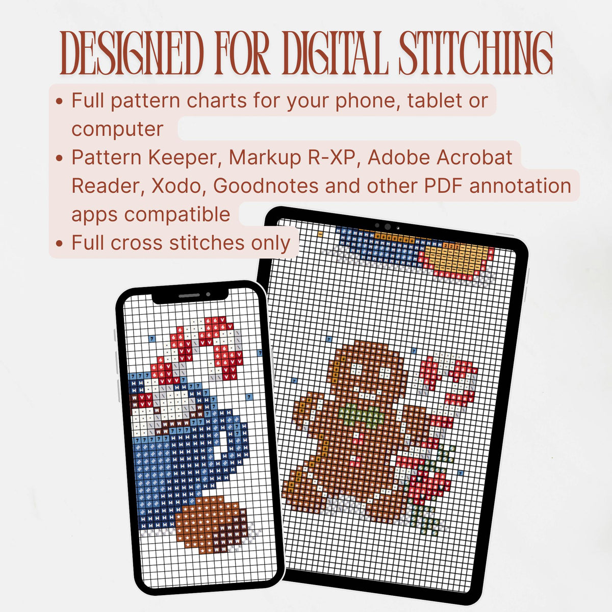 Digital download information for the Sweet Treats cross stitch pattern, with color-symbol charts displayed on a phone and tablet.